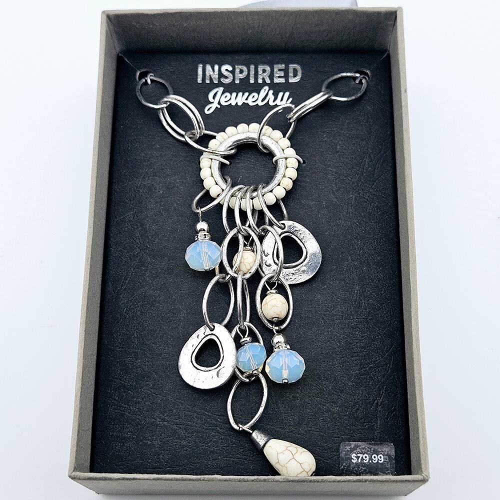 Tear Drop Dangle Pendant Statement Necklace Silver Tone Artsy Hippie Chain New
